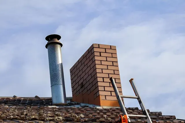 A Ladder is Sitting on Top of a Brick Roof Next to a Chimney — Edwards Plumbing Pty Ltd in Kingscliff, NSW