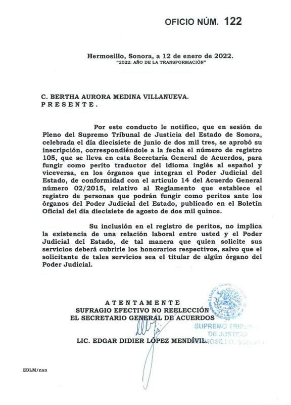 MEDINA VILLANUEVA BERTHA AURORA  -Traducciones