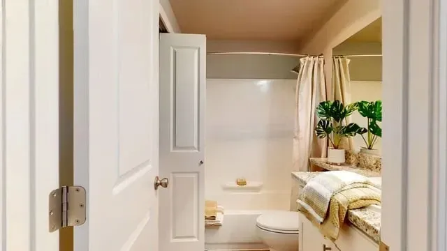 Bathroom with toilet, bathtub, and vanity.