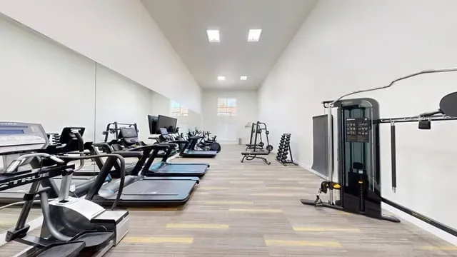 Gym with treadmills, elliptical machines, weight rack, and cable machine at Larch Alderwood in Lynnwood, WA.