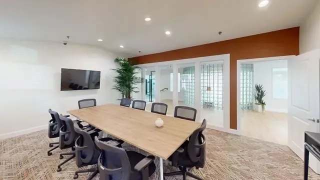 Conference room with a large table and chairs, TV, and plants.