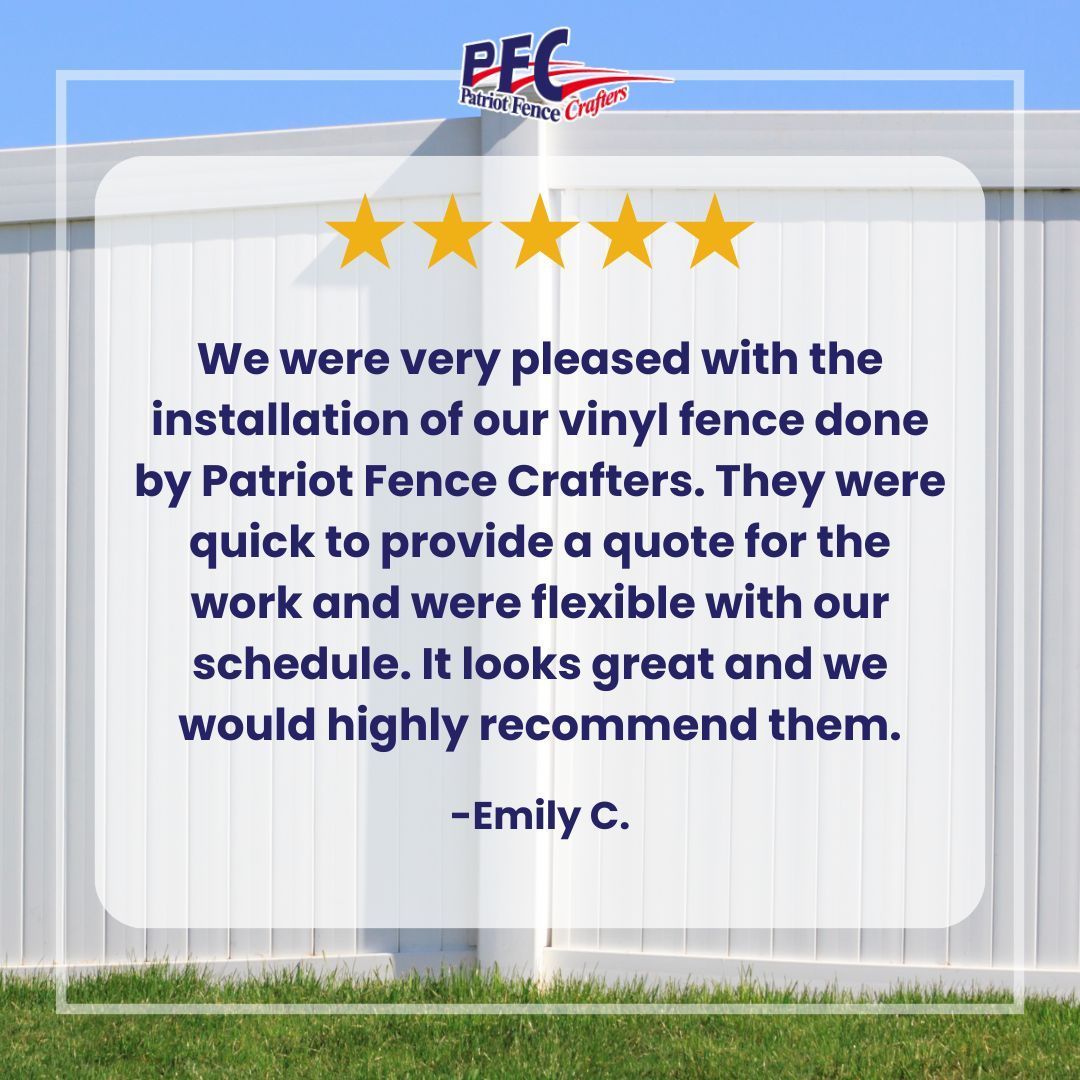 5-star testimonial for Patriot Fence Crafters over a white vinyl fence background.