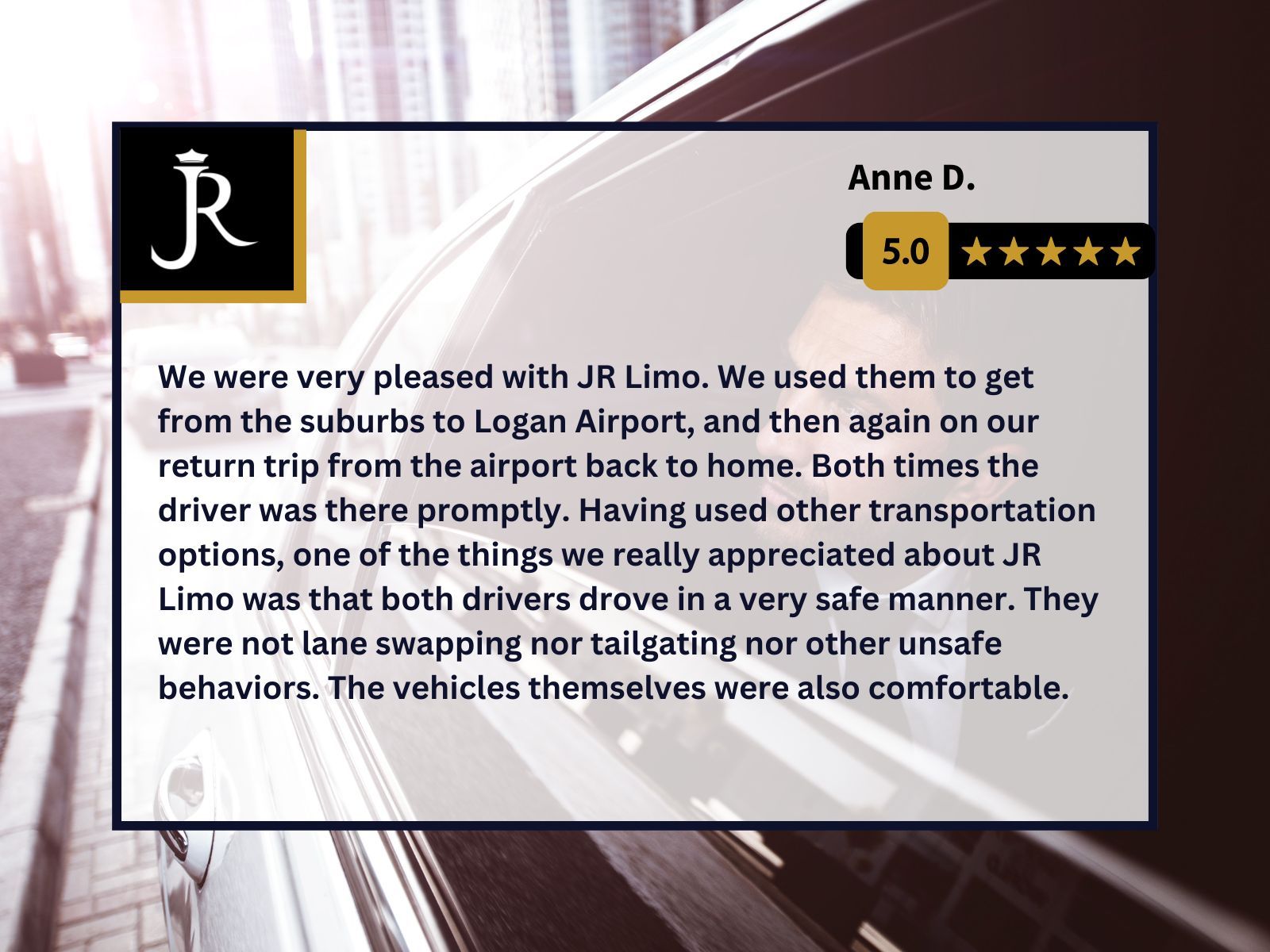 JR Limousine customer review quote card with 5-star rating on a white and gold design