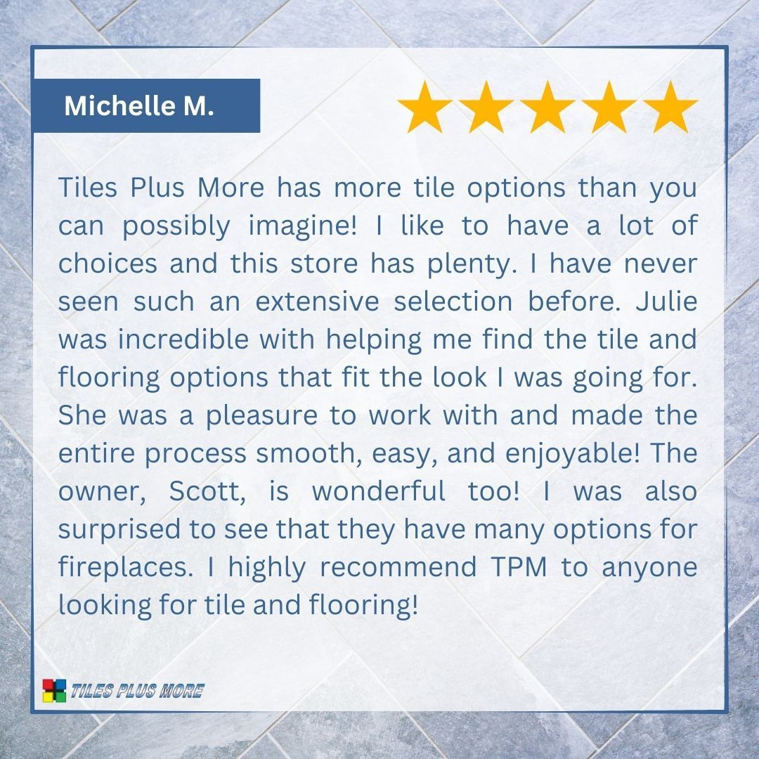 Customer review card for Tiles Plus More with five gold stars and a testimonial praising flooring options and service