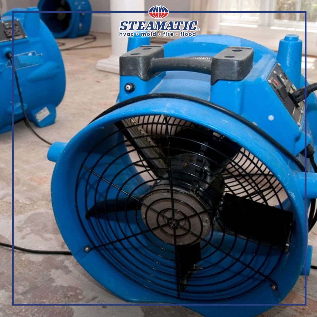 Blue industrial fan blower with black grille on a concrete floor in a workshop