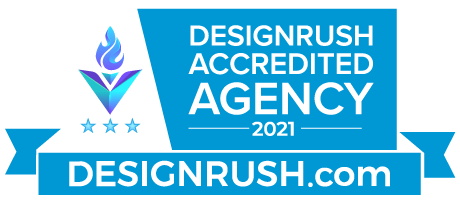Blue DesignRush accredited agency badge with 2021 and DESIGNRUSH.com text