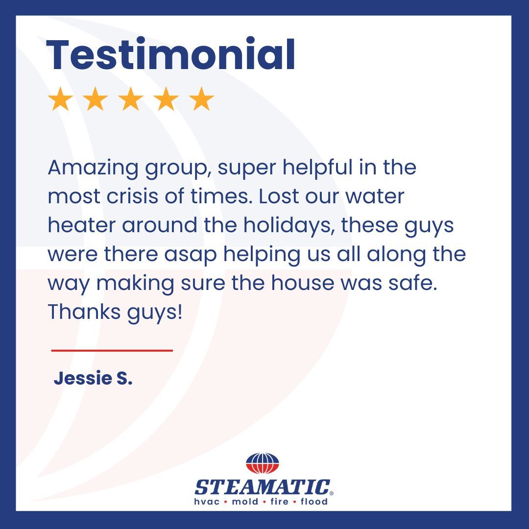 Testimonial card with 5 stars and a review praising Steamtastic’s water heater service, signed Jessie S.