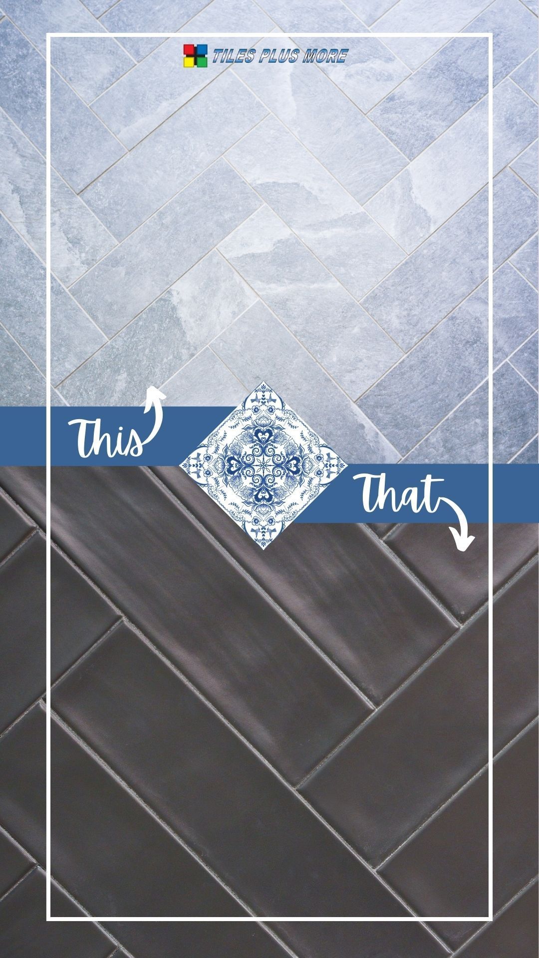 Split image of light and dark gray tile patterns labeled “This” and “That” with a decorative center motif