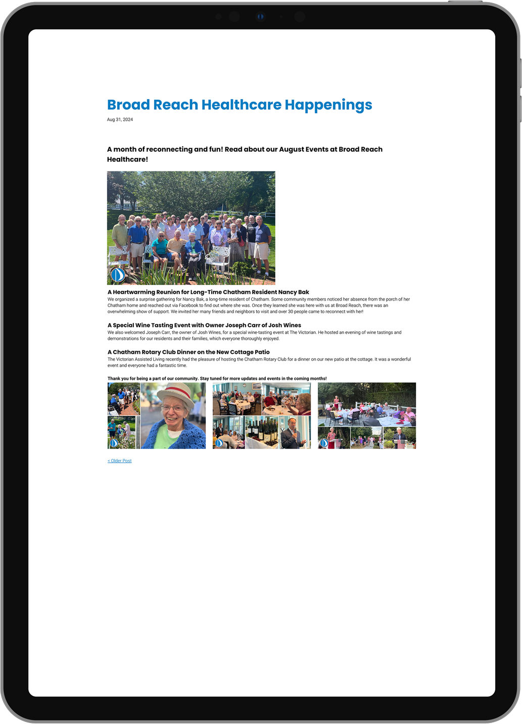 Tablet displaying a healthcare webpage with group photos and blue headline text