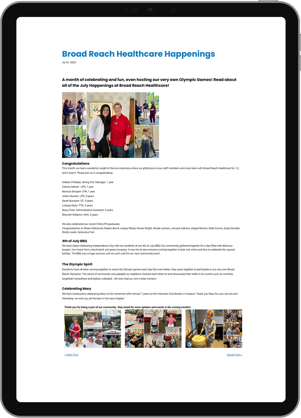 Tablet screen showing a webpage about a clothing swap with photos and event details