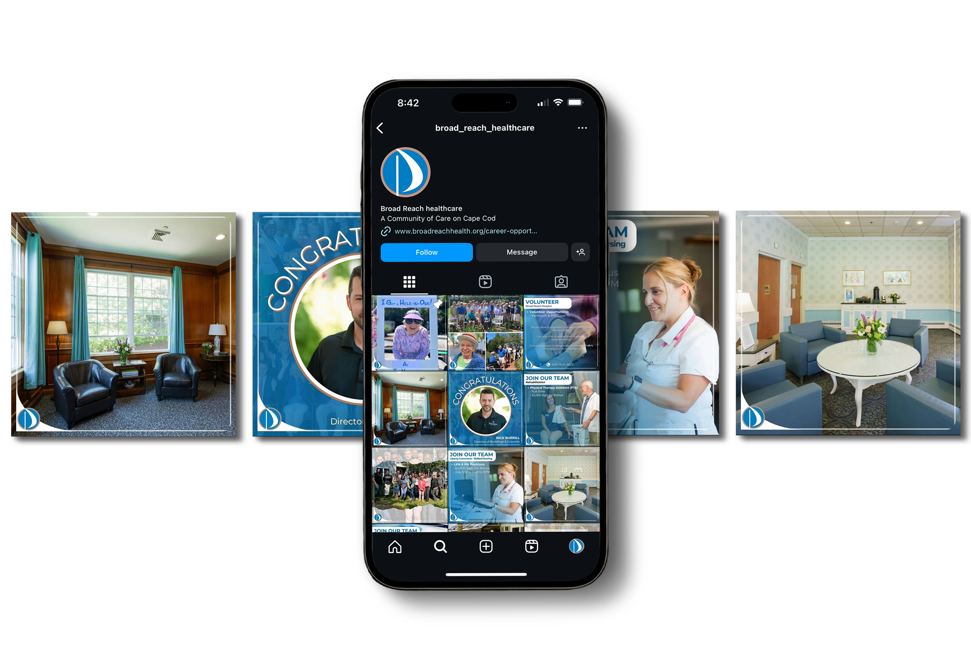 Smartphone showing a hotel app, flanked by a logo, lobby, staff member, and bedroom photos