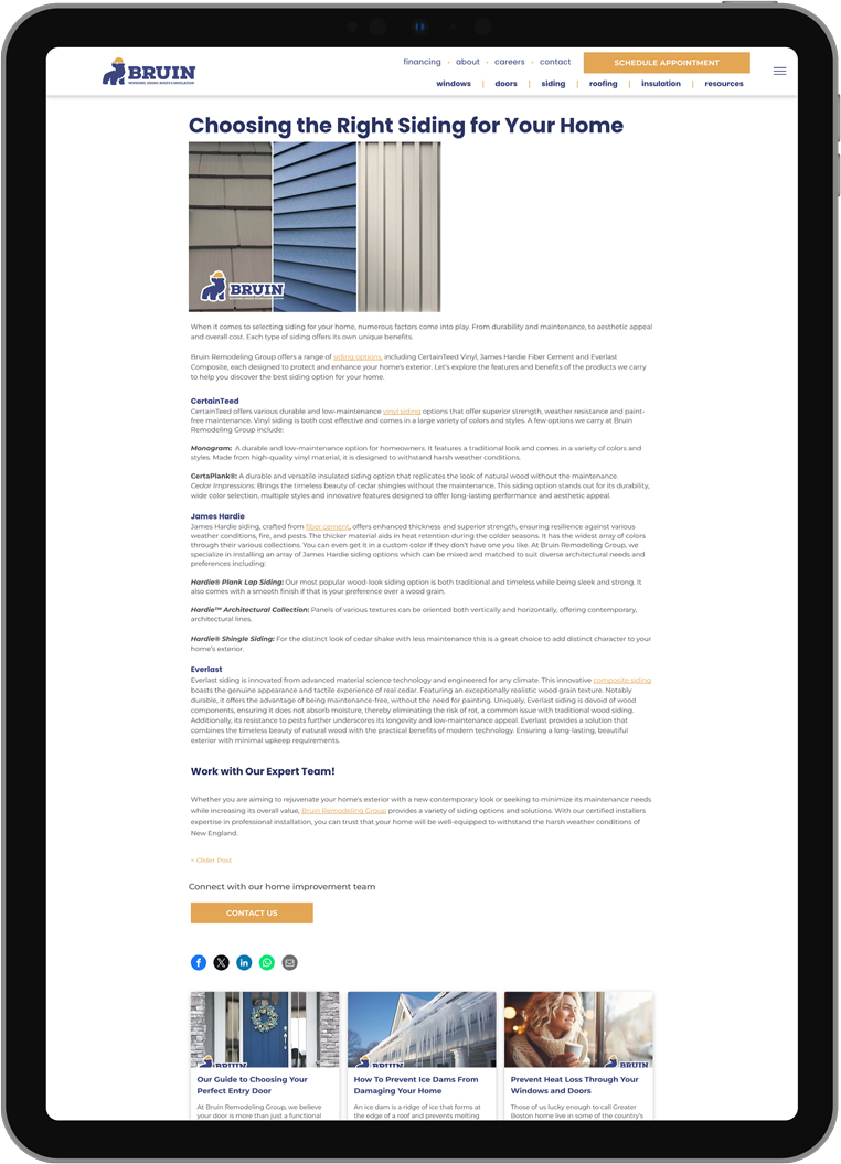 Webpage article titled “Choosing the right siding for your home” with house exterior photo and text sections