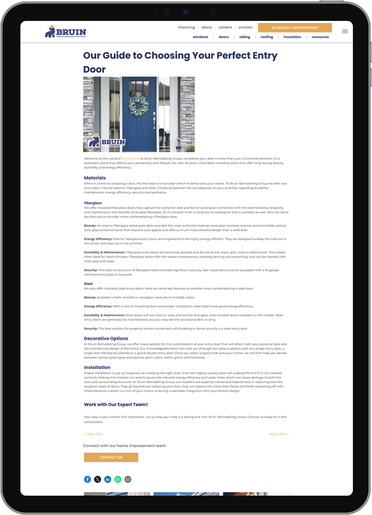 Website article page titled “Our Advice to Choosing your Perfect New Door” with a door photo at top