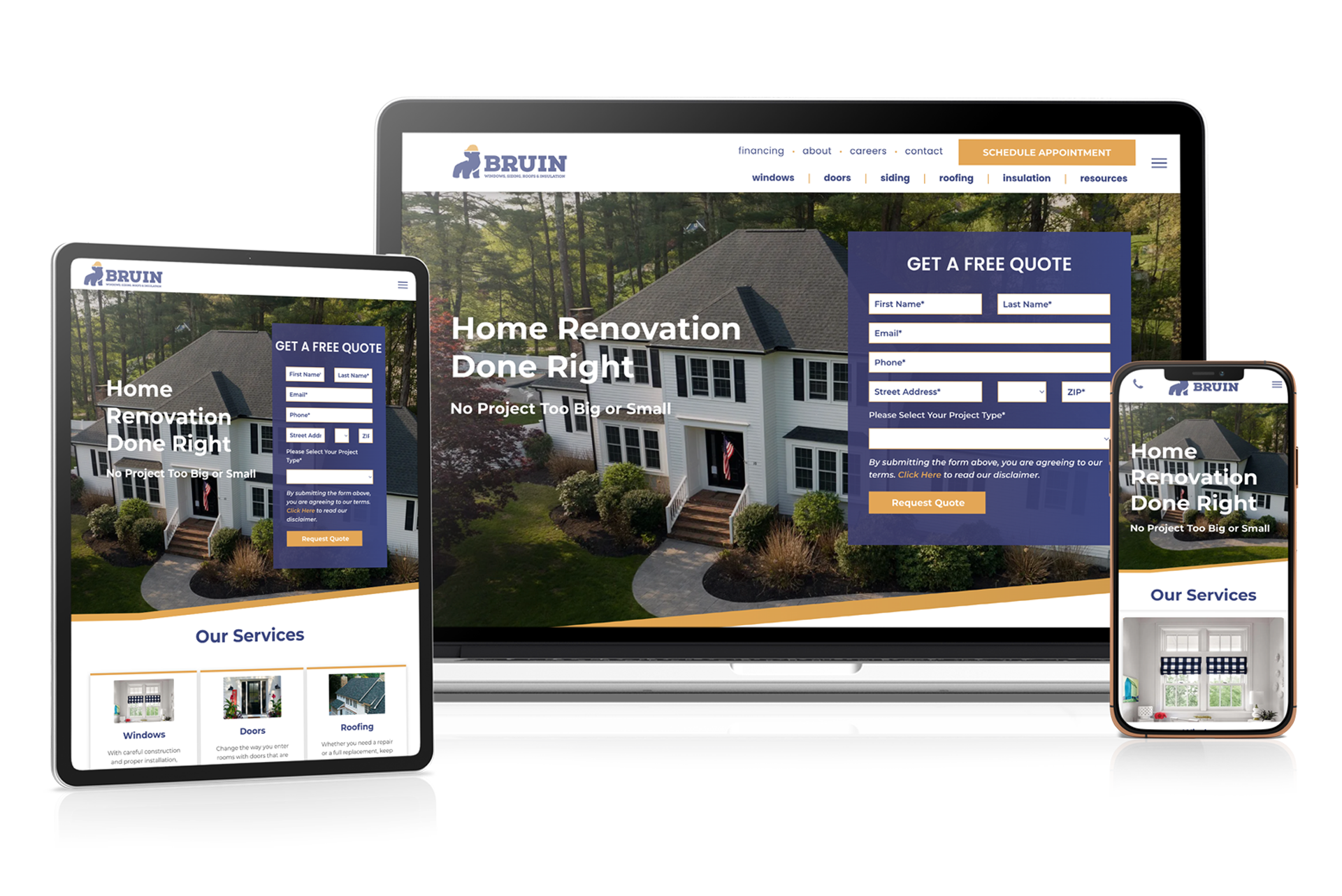 Responsive home renovation website shown on laptop, tablet, and phone with blue contact form