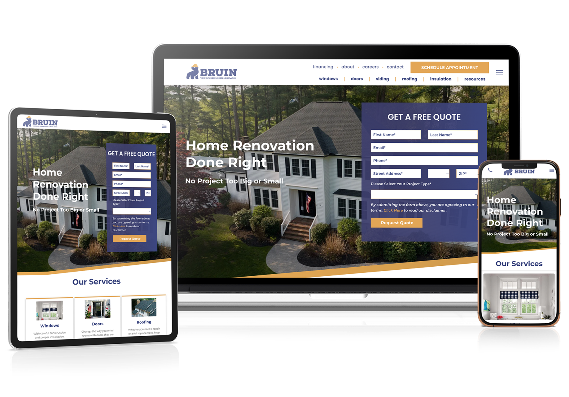 Real estate website shown on laptop, tablet, and phone with a house hero image and listing forms