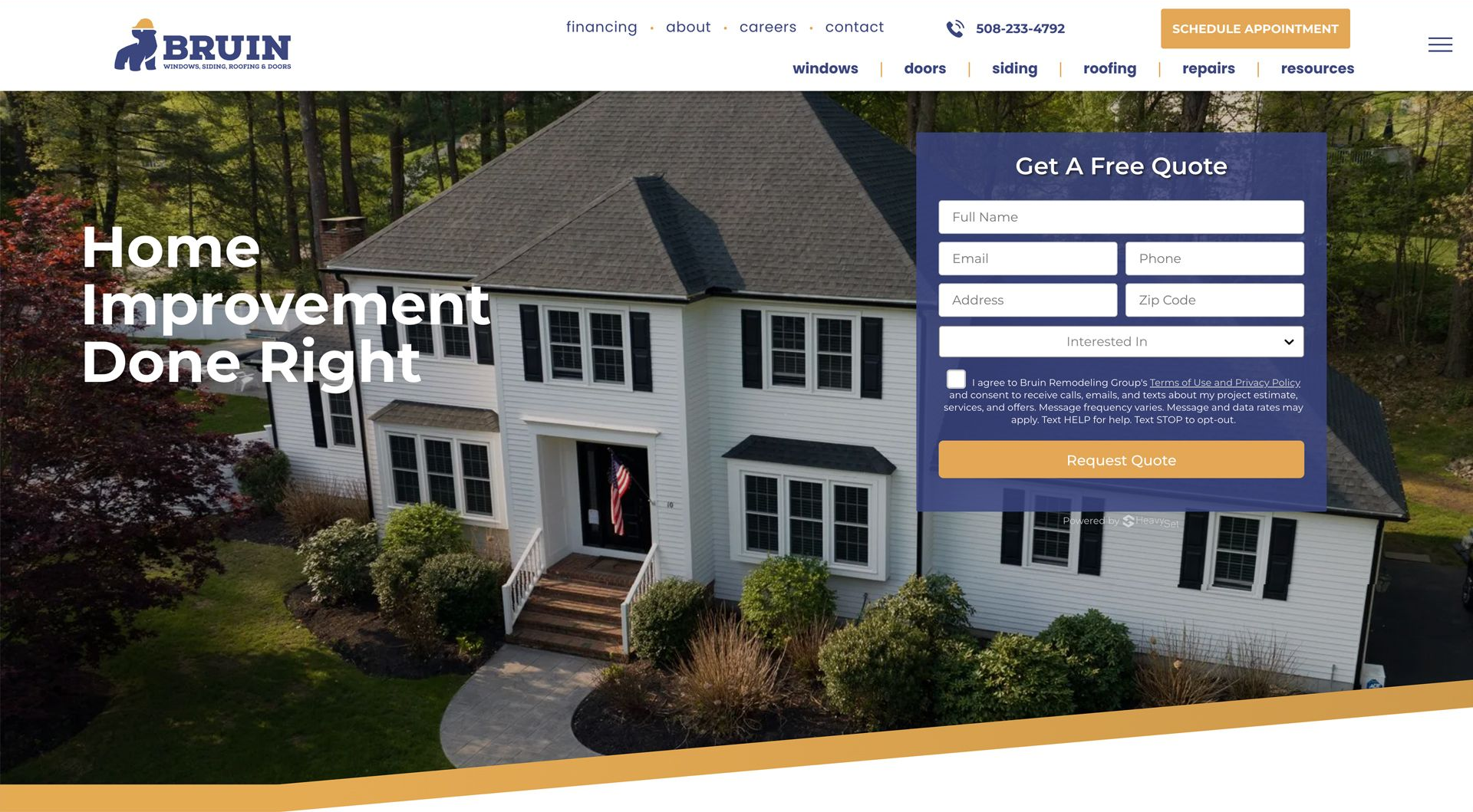 Home improvement website homepage with house photo, “Home Improvement Done Right” text, and quote request form