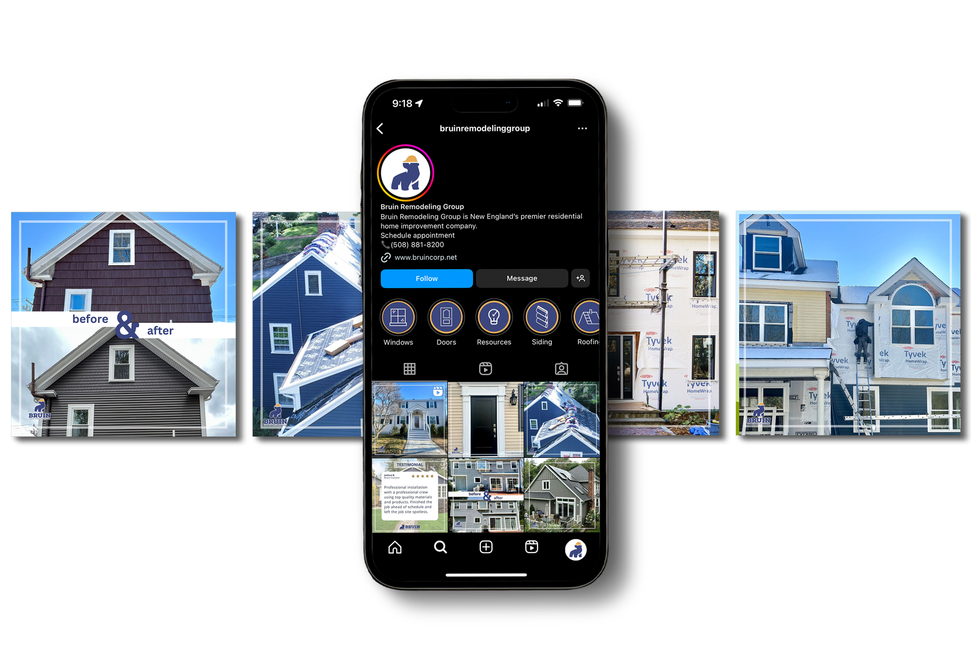 Phone screen showing a real estate Instagram profile, surrounded by house photos in a collage