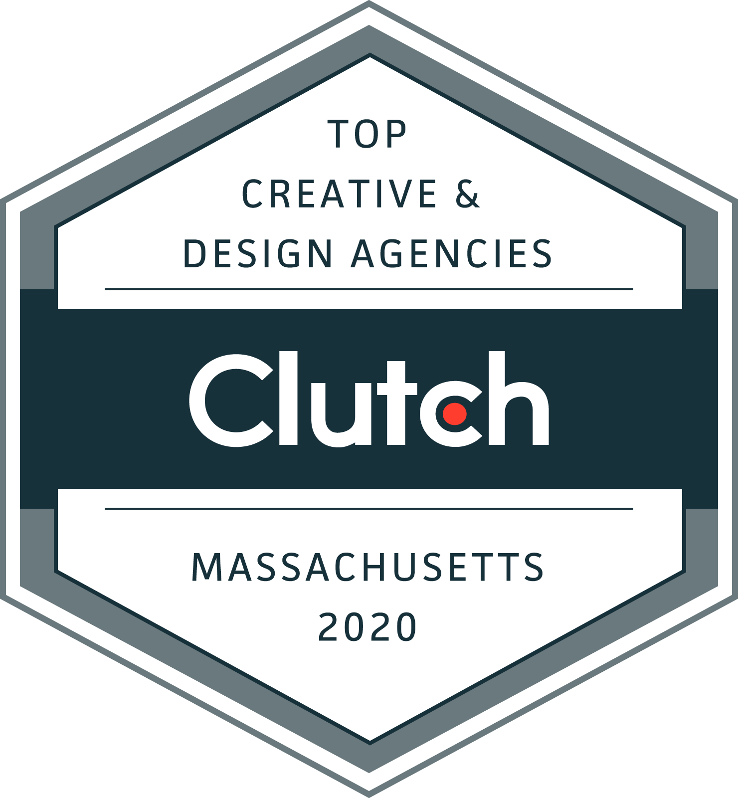Clutch badge for Top Creative & Design Agencies, Massachusetts 2020, in white, teal, and gray