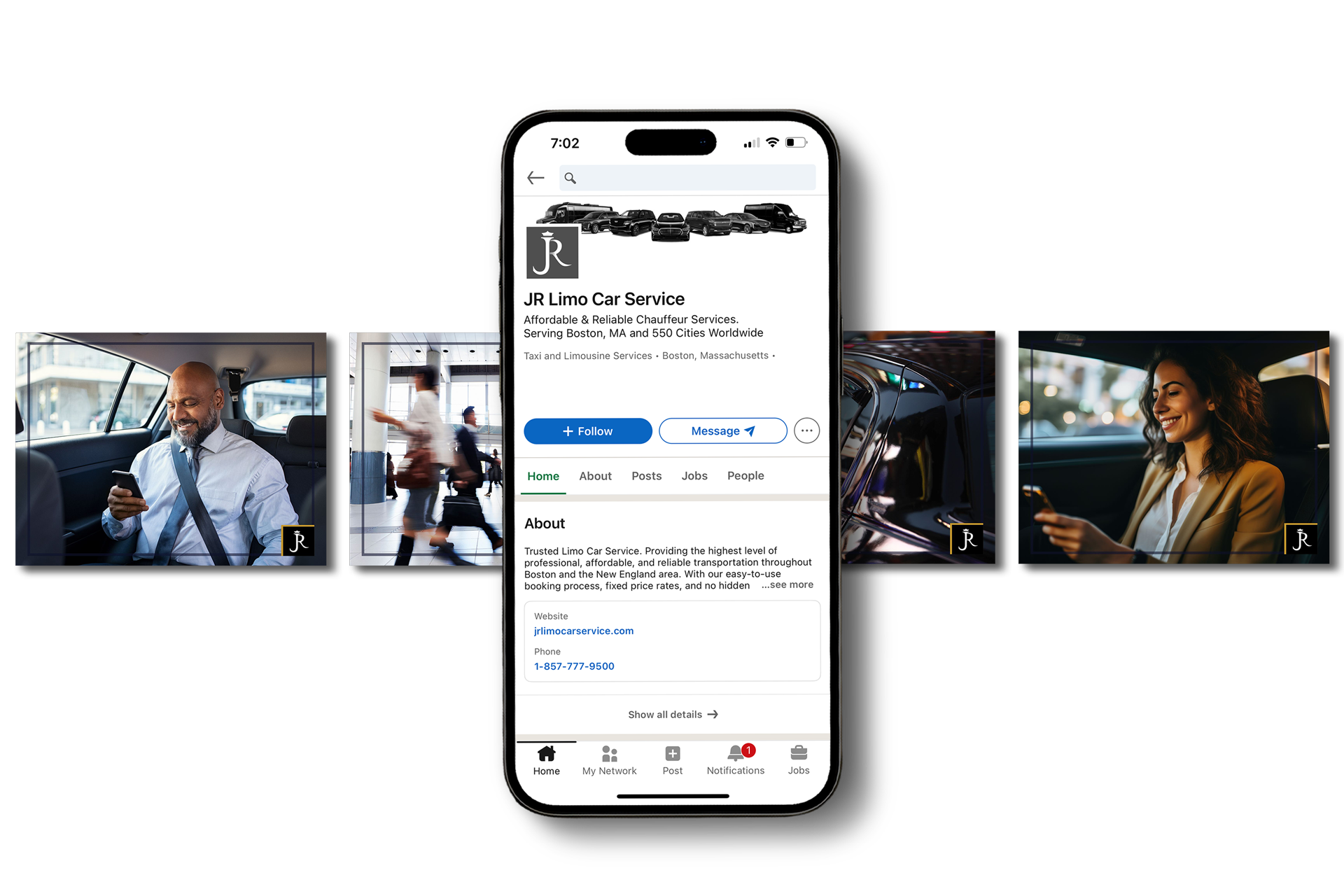 Smartphone showing a dating app profile, flanked by profile photos in a collage-like layout