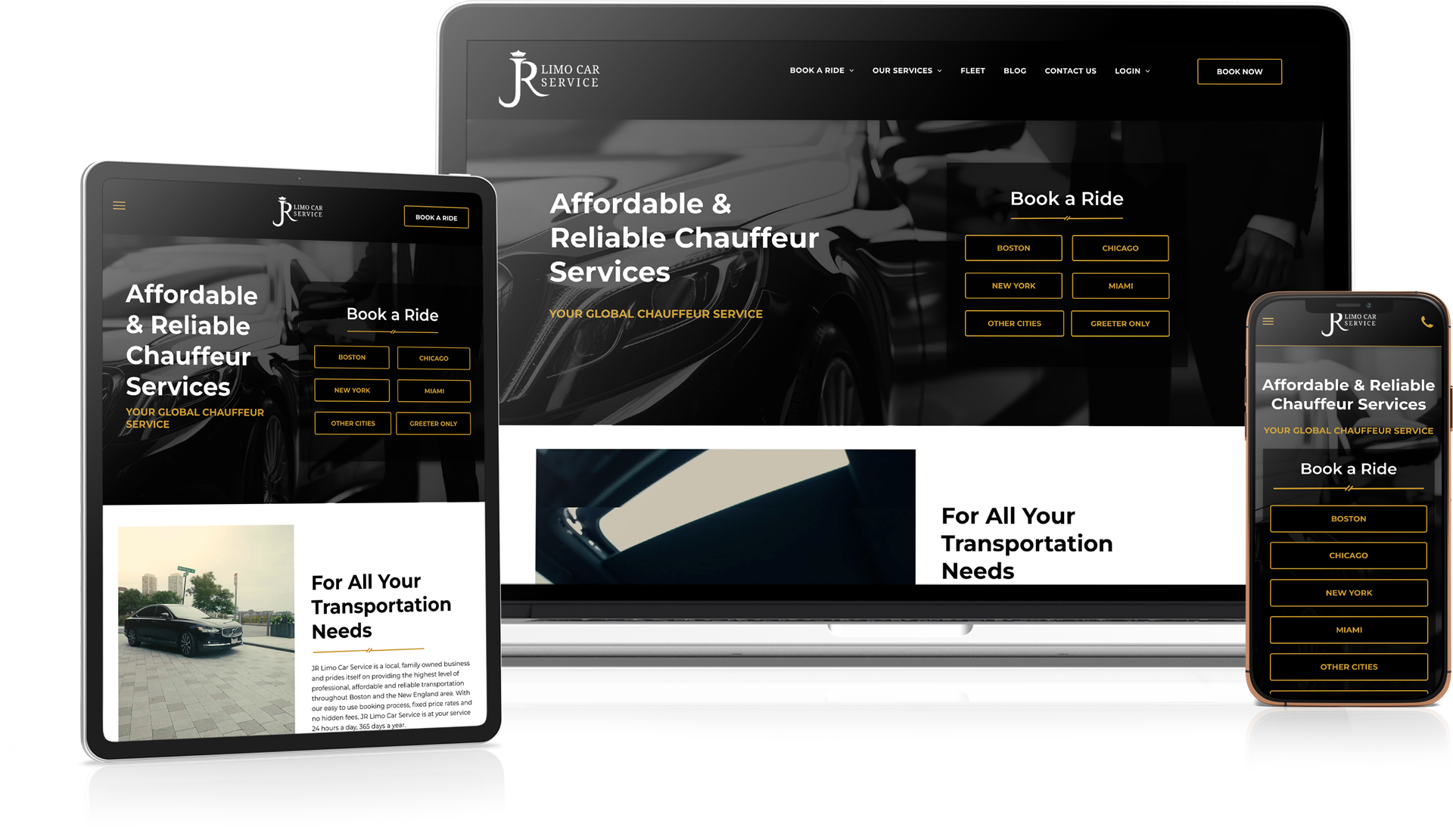 Responsive website mockups on desktop, tablet, and phone with dark and white interface screens