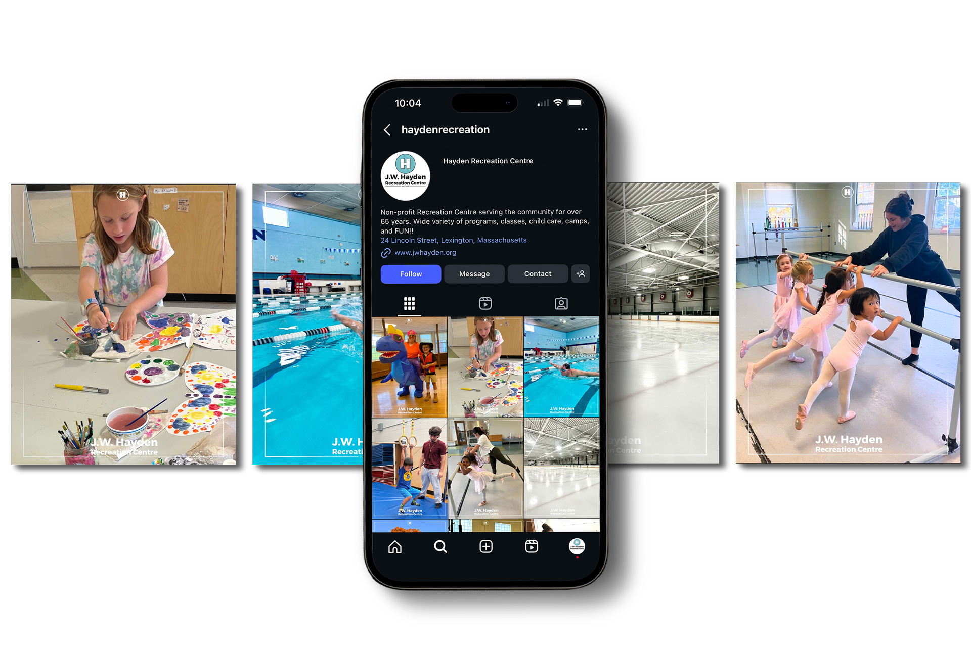 Smartphone showing an Instagram profile with a collage of colorful dance and swim photos in the background