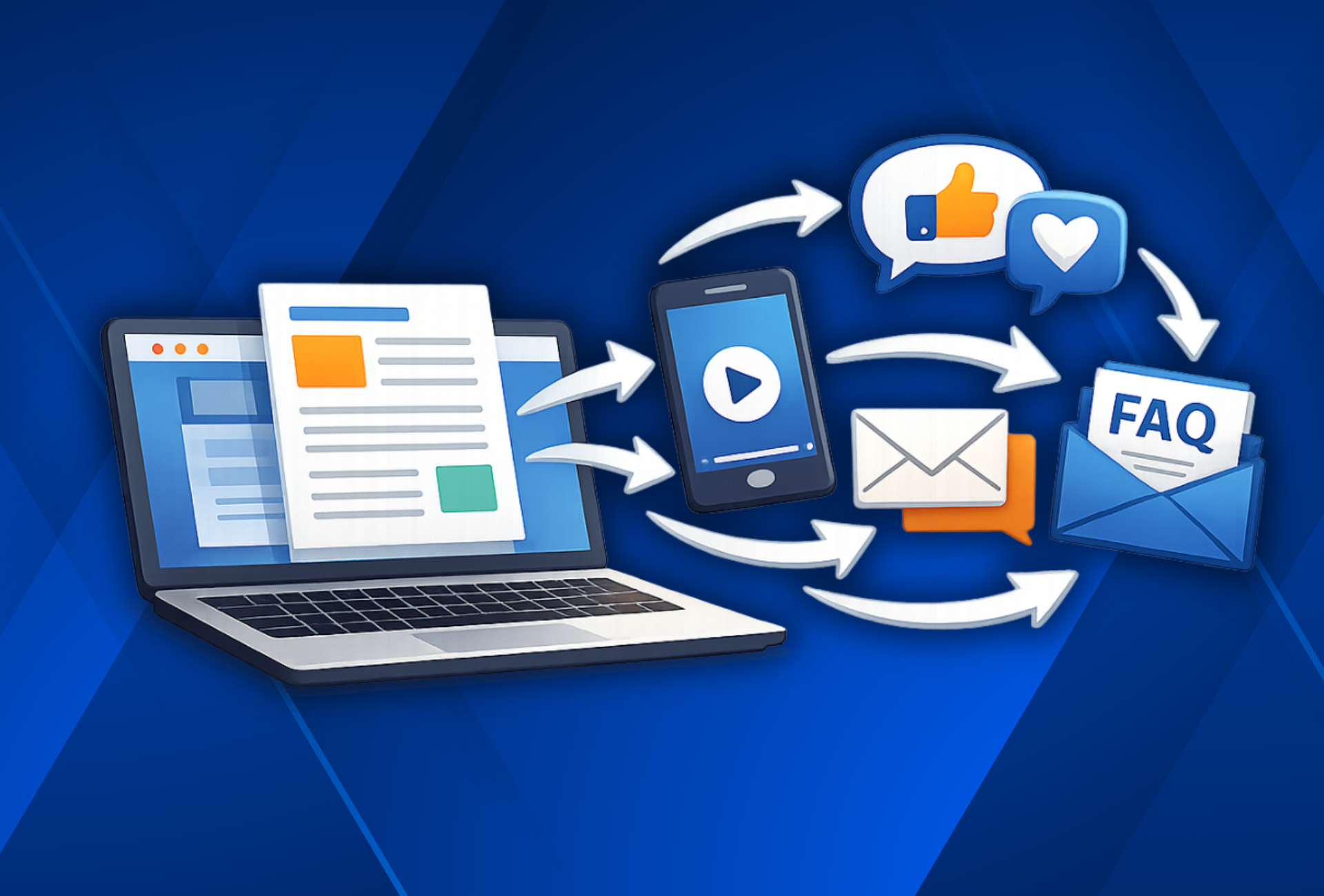  A computer displaying a blog with arrows pointing to video, email, social media, and FAQ icons. 