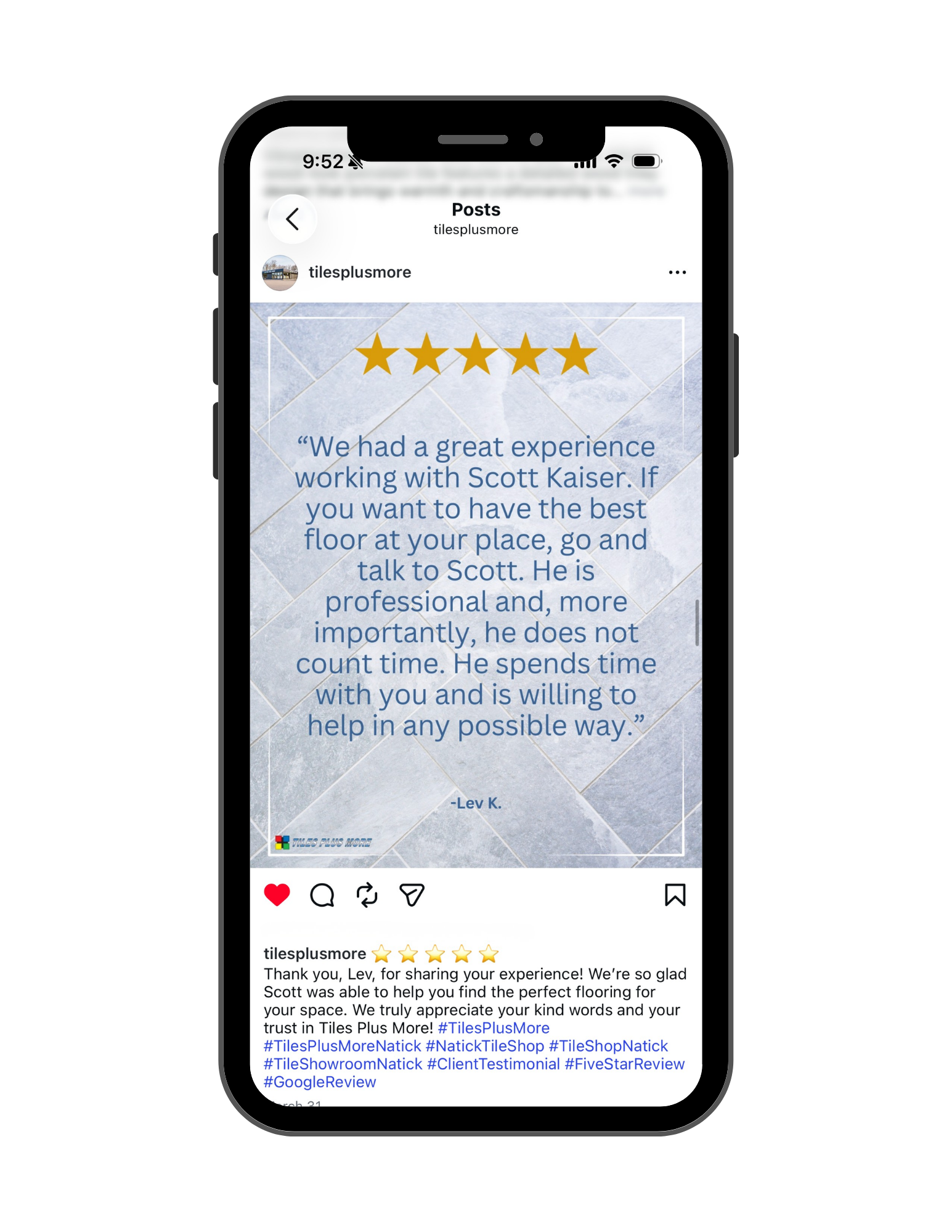 Testimonial shared on Instagram
