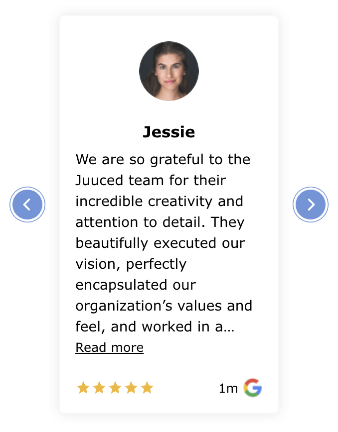 Customer testimonial card with portrait, five stars, and left/right navigation arrows.