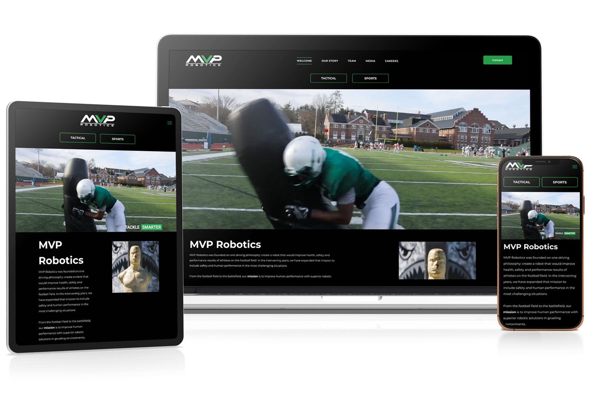 Responsive sports website displayed on laptop, tablet, and phone with football action banner