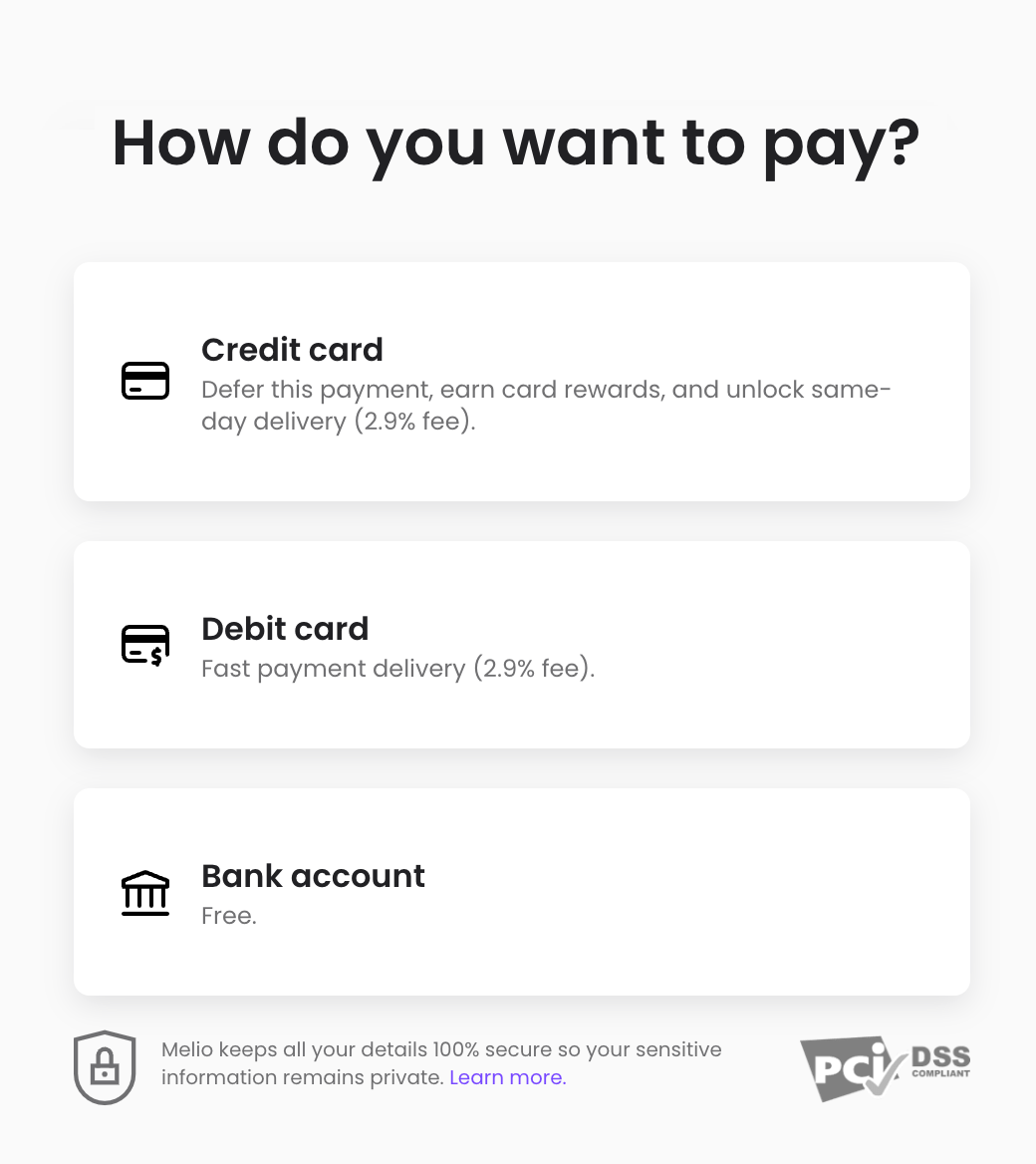 Payment screen with credit card, debit card, and bank account options under “How do you want to pay?”