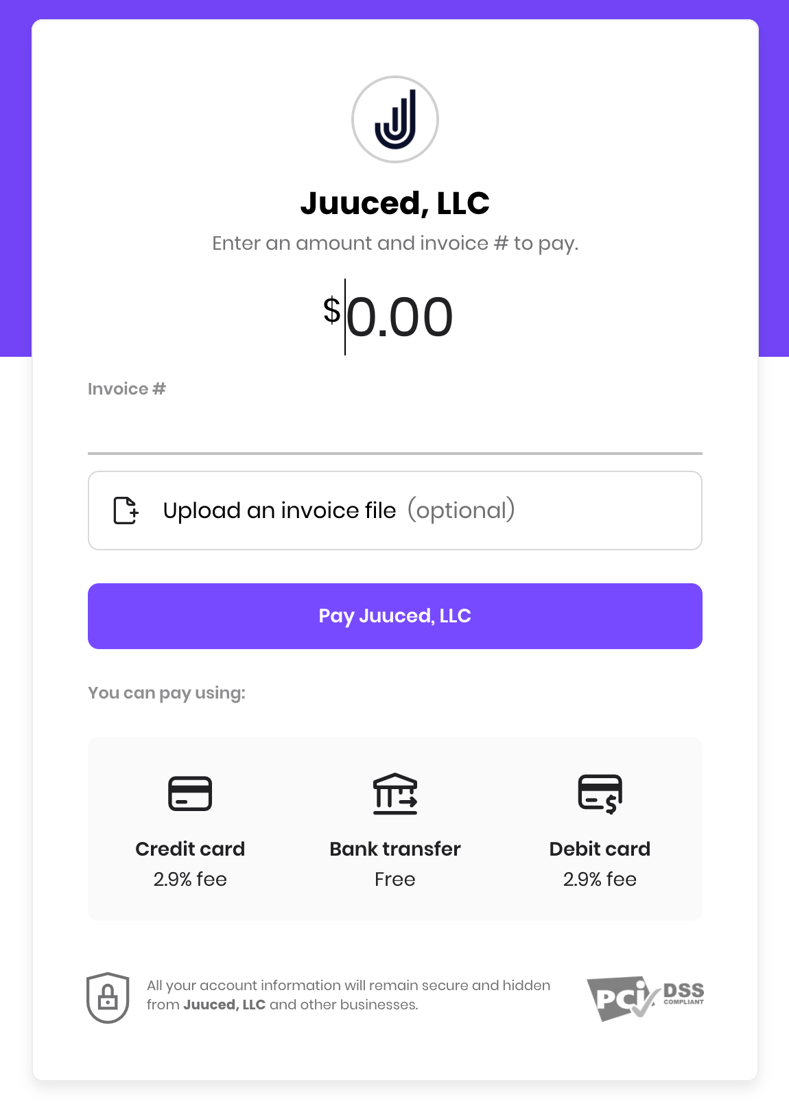 Payment form for Juucee, LLC with $0.00 due and a purple “Pay Juucee LLC” button