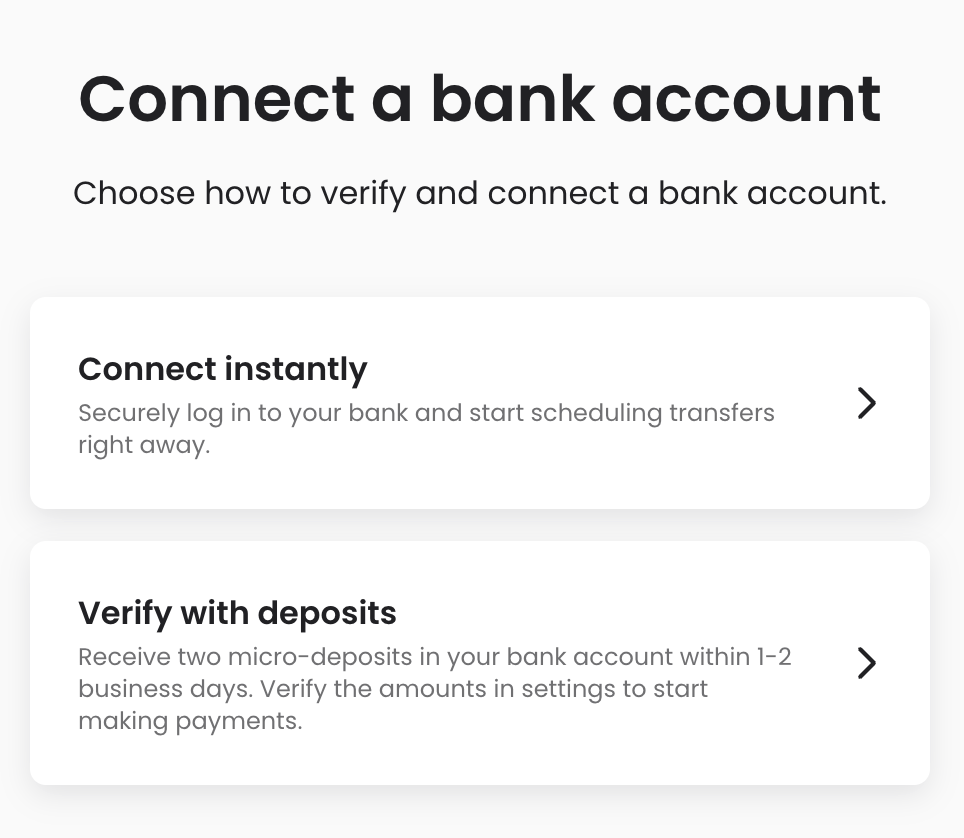 Bank account setup screen with options to connect instantly or verify with deposits.
