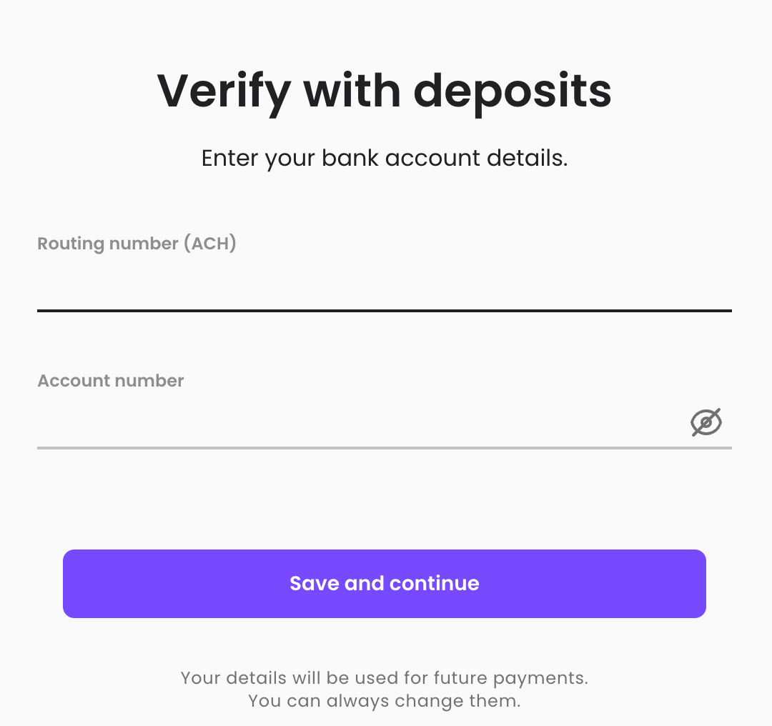 Bank deposit verification form with routing and account number fields and a purple Save and continue button