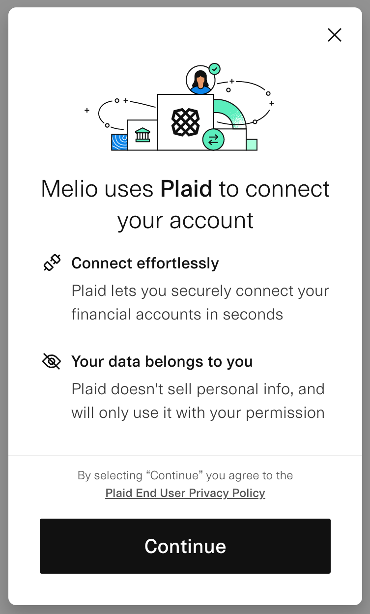 Plaid account connection screen with Continue button and privacy notes, plus small linked account illustrations