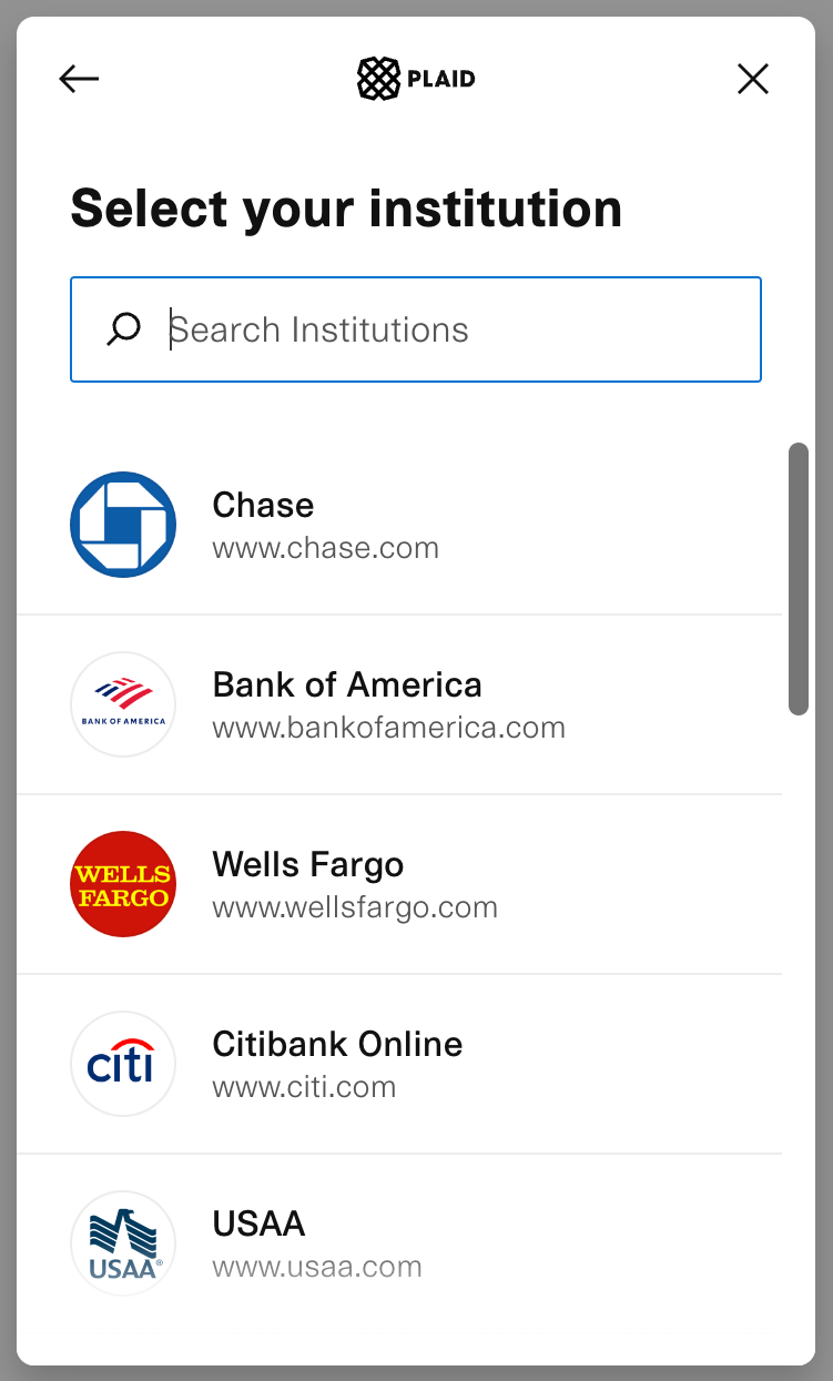 Plaid bank selection screen with search bar and list of institutions including Chase, Bank of America, Wells Fargo, Citibank, and USAA