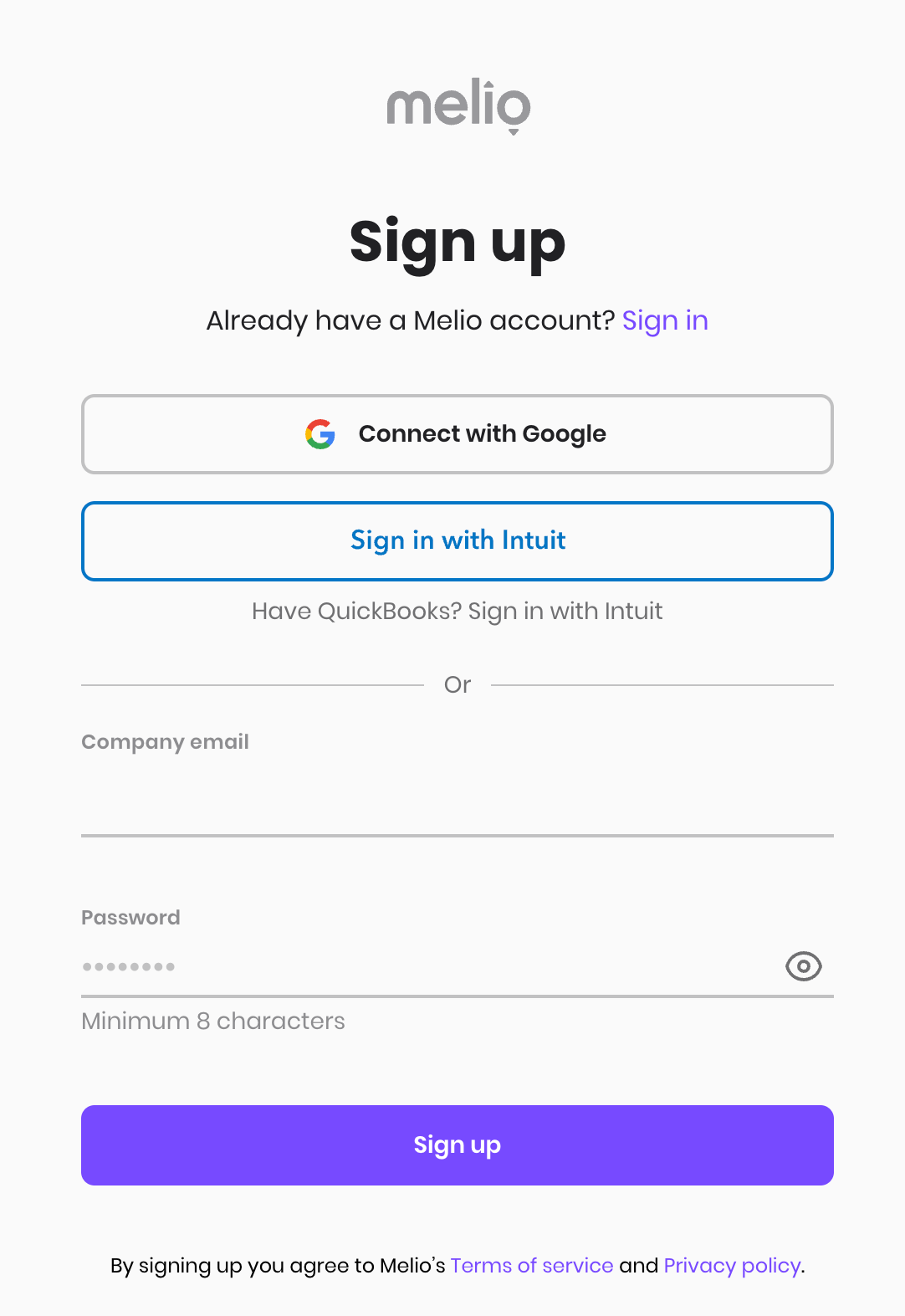 Melio sign-up screen with Google and email login options on a white background