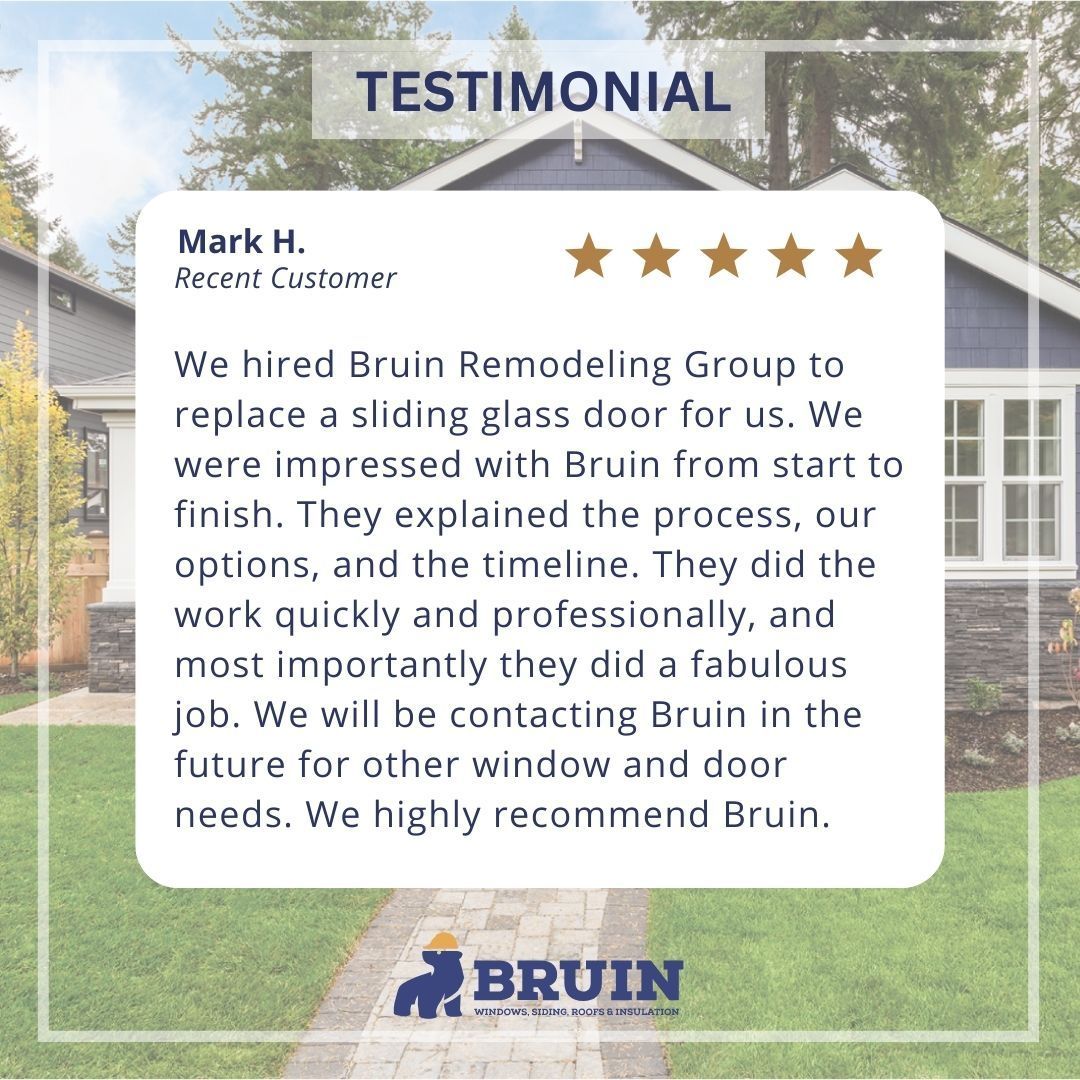 Customer testimonial graphic with a star rating and Bruin Remodeling Group logo over a home exterior background