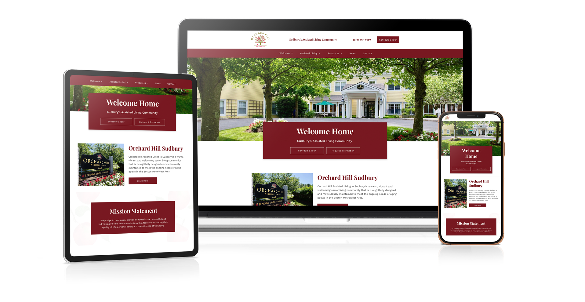 Responsive website shown on desktop, tablet, and phone with a red-and-white home page