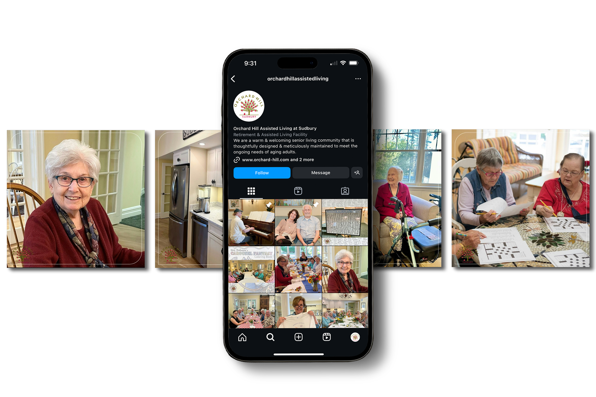 Social media profile page on a smartphone, flanked by small photos of elderly people socializing and painting
