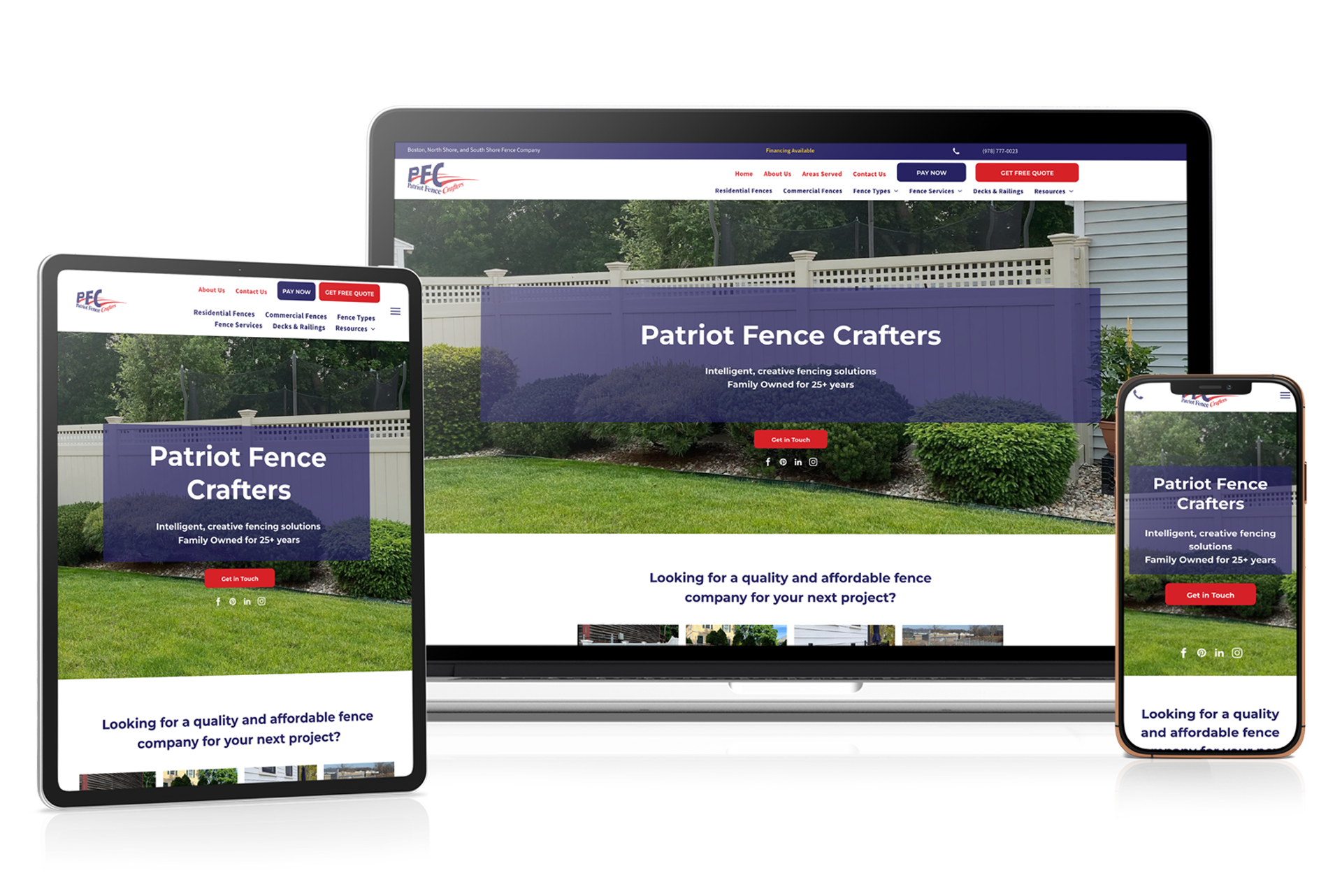 Responsive website mockup on laptop, tablet, and phone showing a French website homepage with a red call-to-action button