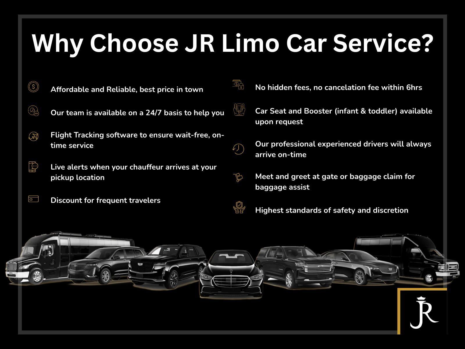 JR Limo Car Service ad with black luxury cars and a list of service benefits on a dark background