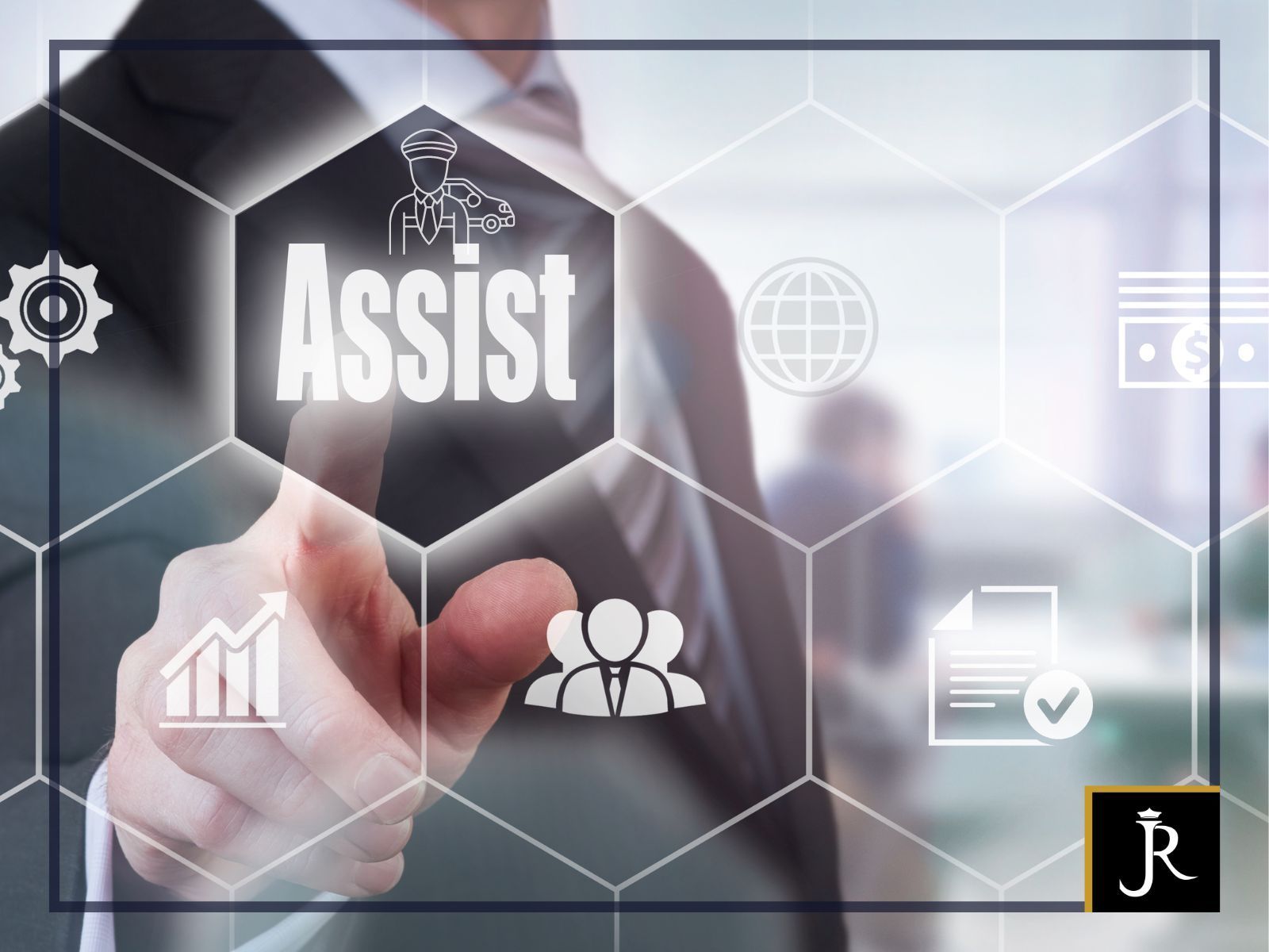 Hand pointing to “Assist” button on digital interface with hexagon icons and business symbols