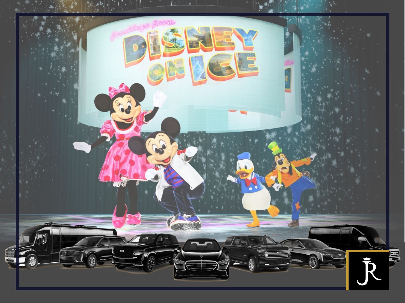 Mickey, Minnie, Donald, and Goofy ice skate under a Disney on Ice sign.