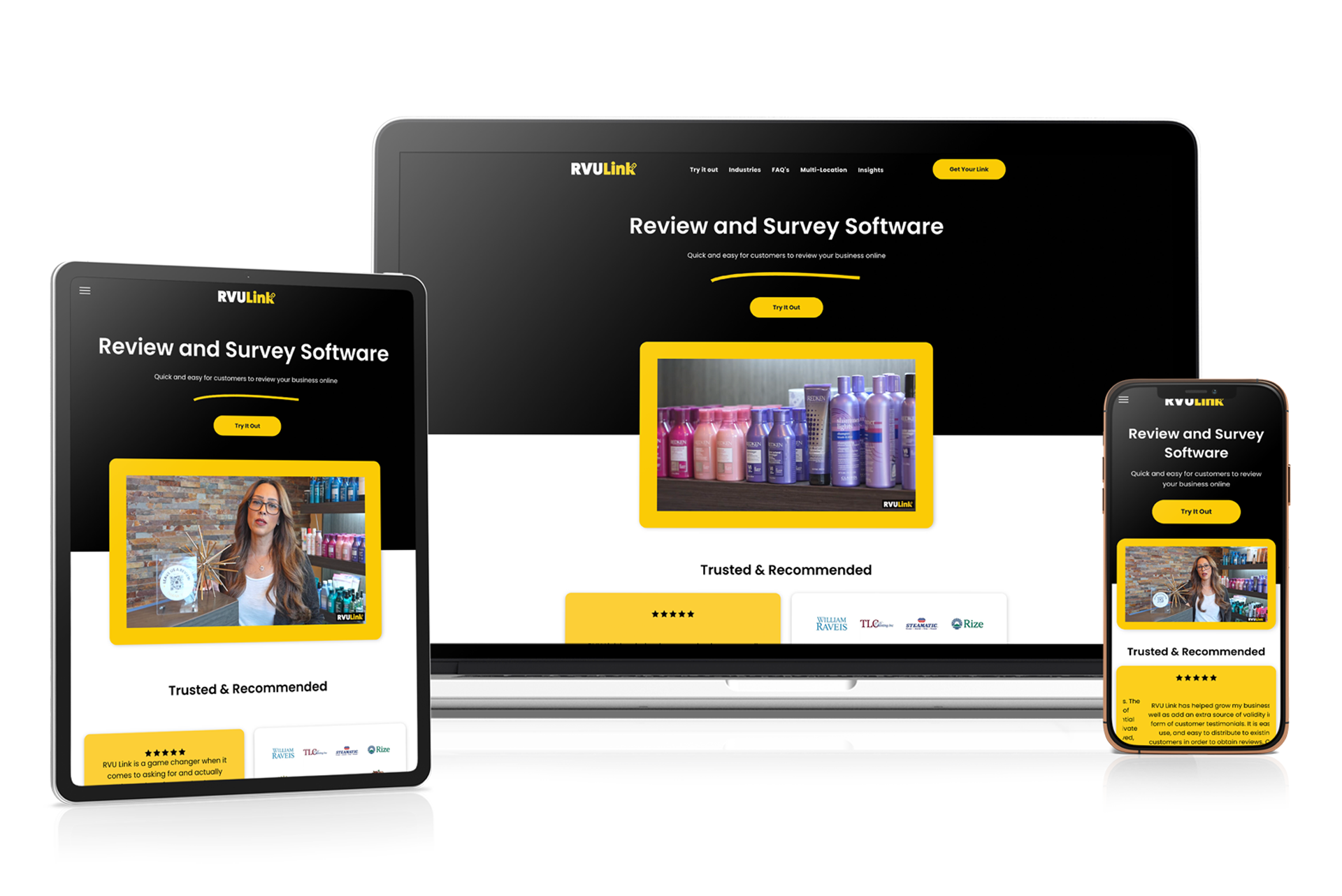Responsive website mockup on laptop, tablet, and phone with black and yellow design