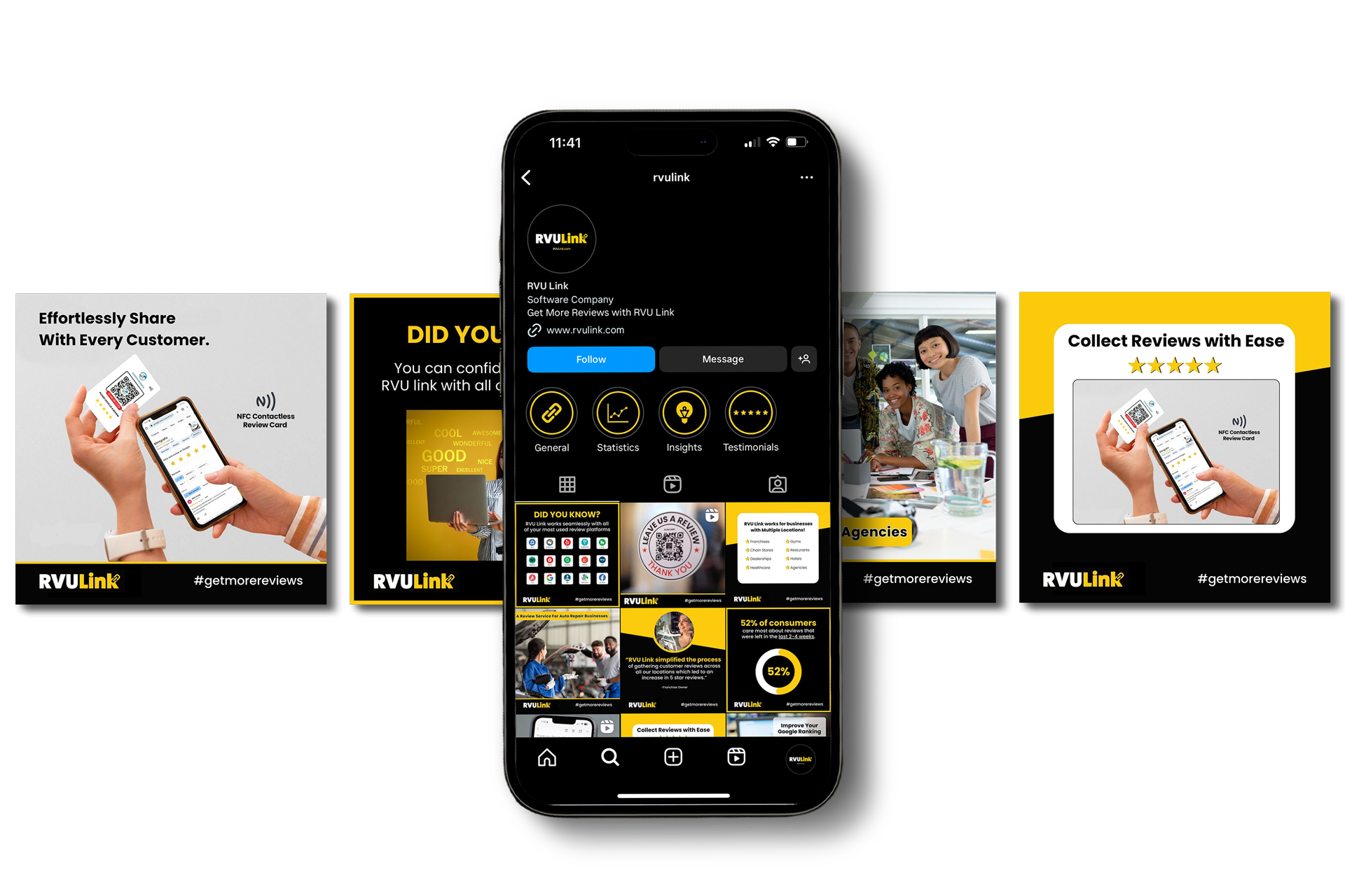 Smartphone showing a dark-themed app dashboard, flanked by four promotional banner cards on a white background