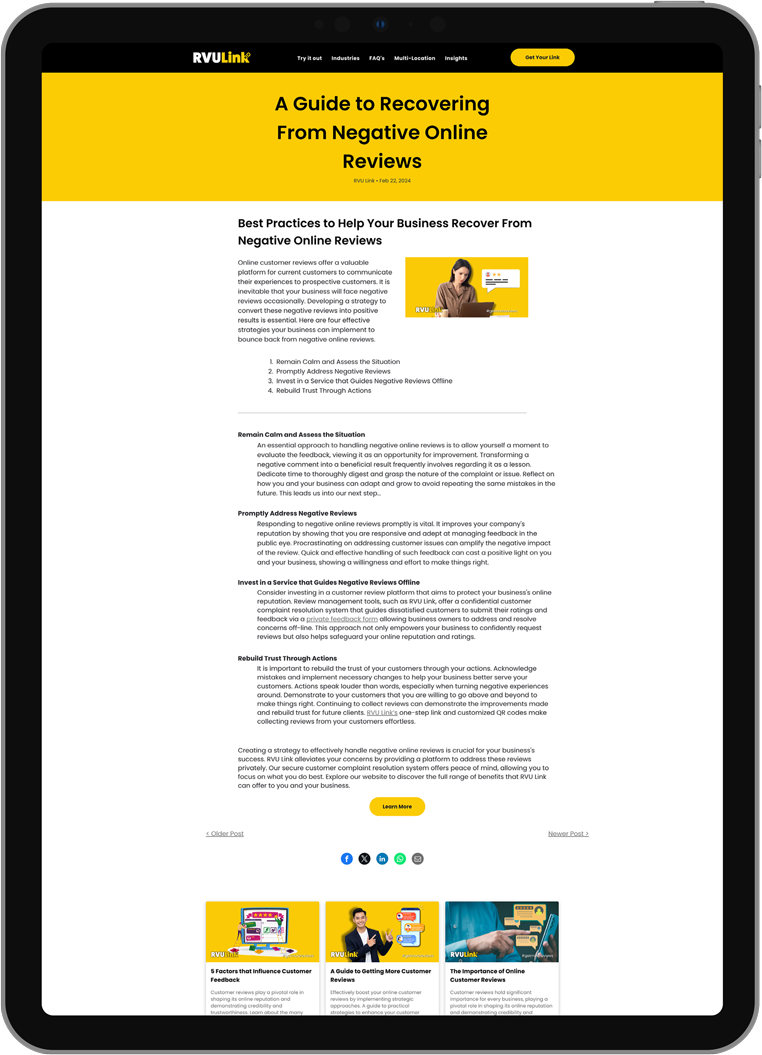 Website page with yellow header and article text, showing a woman beside a yellow promo card.