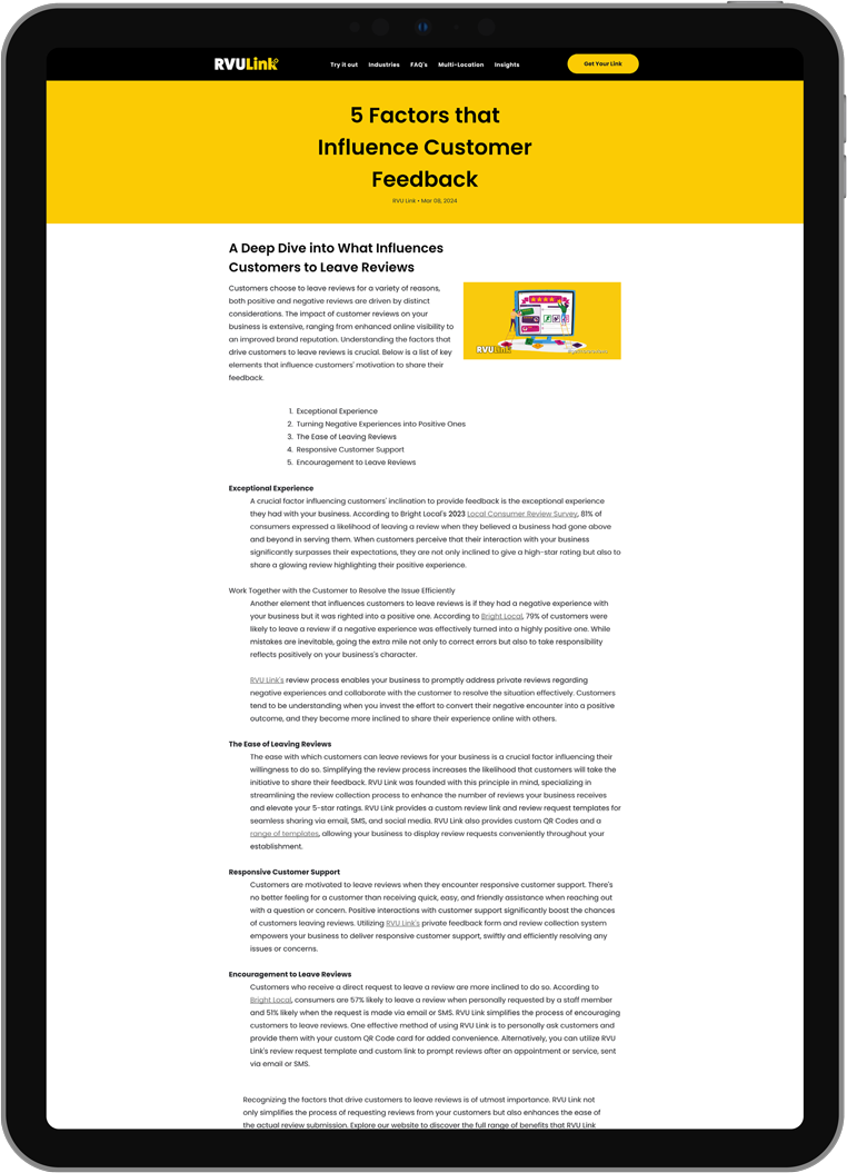 Webpage on a tablet showing a yellow header and an article titled “5 Factors for a Successful Facebook”