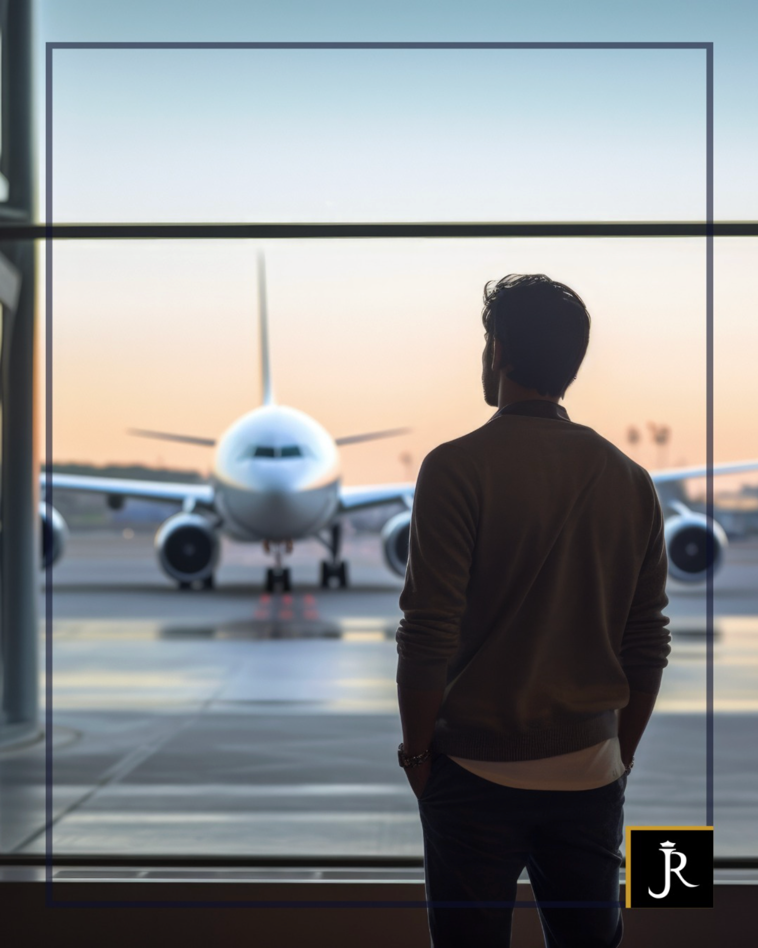 Silhouette of a person watching a passenger jet through an airport window at sunrise