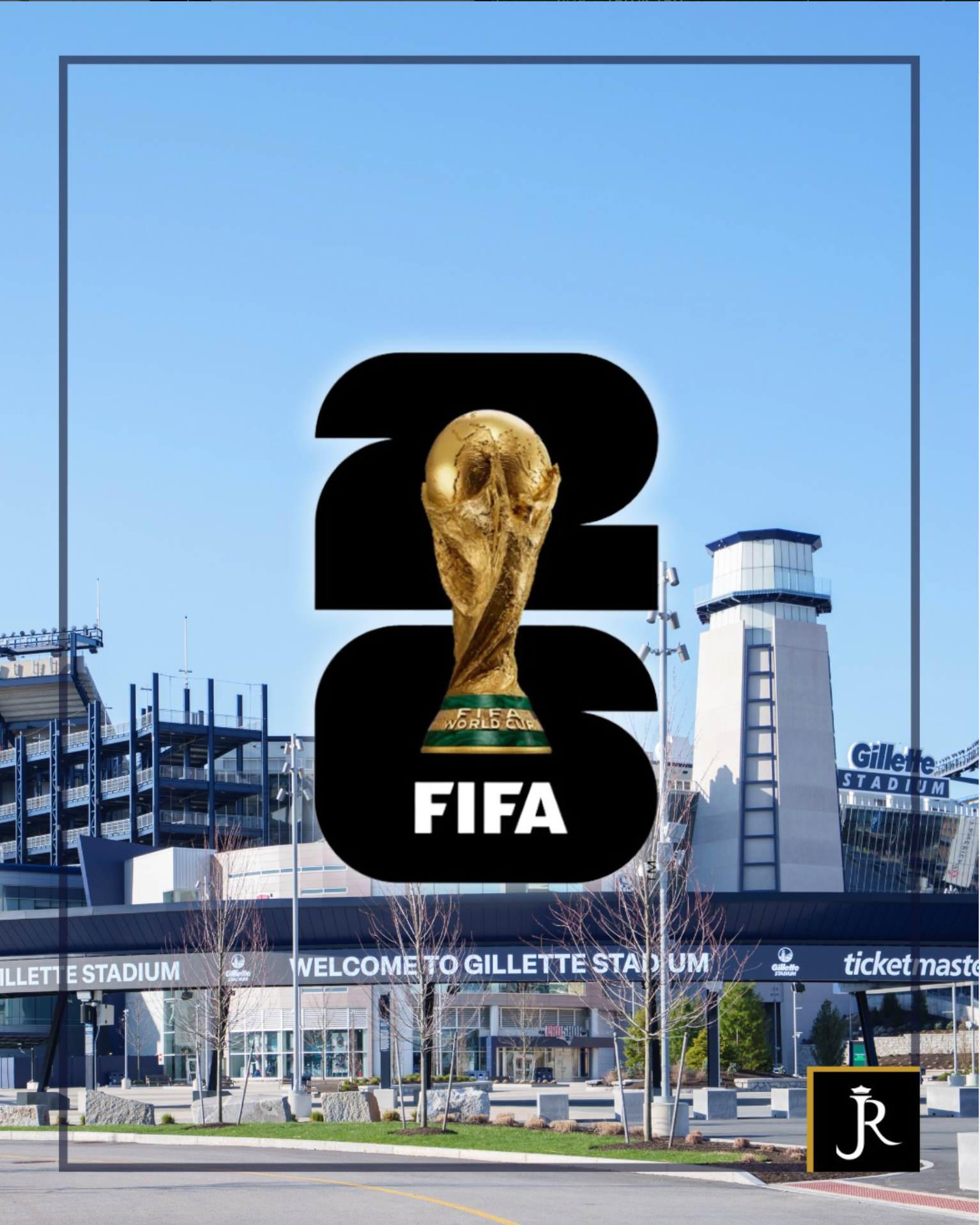 FIFA World Cup trophy logo over a stadium entrance with blue sky background