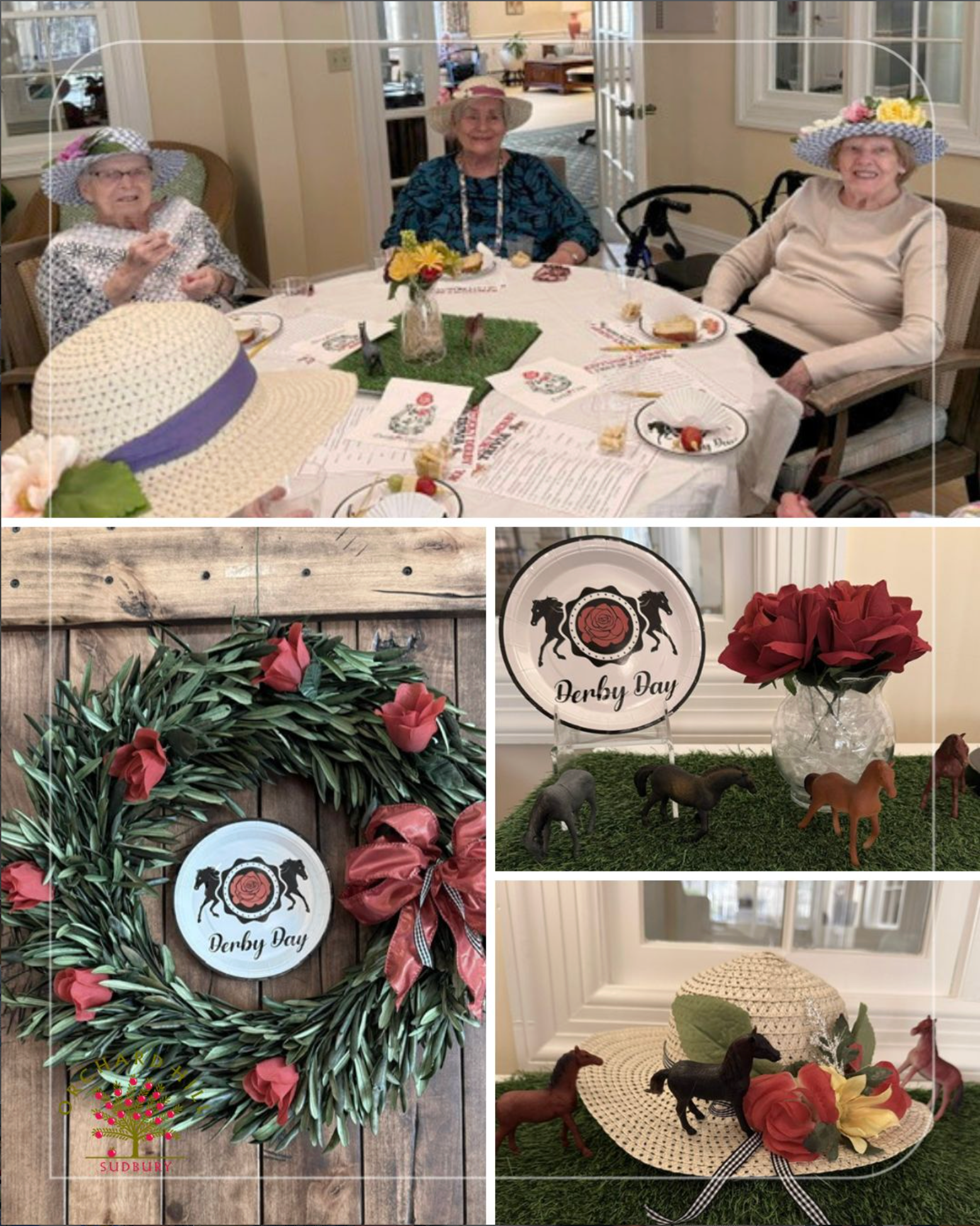 Easter-themed collage of seniors at a table with wreaths, floral hats, and spring decorations